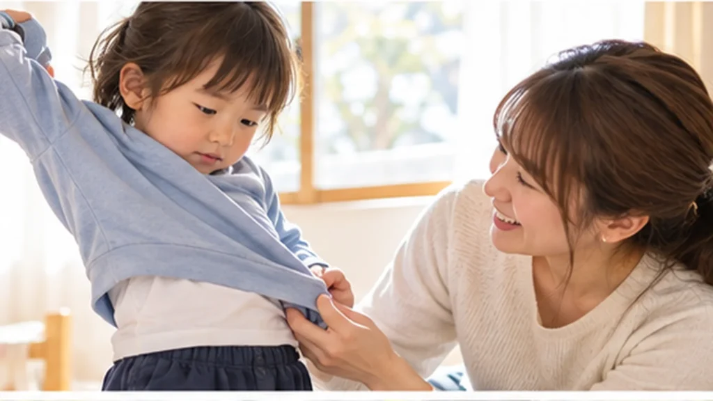 保育園へ行く前に自分で服を着ようとする3歳児