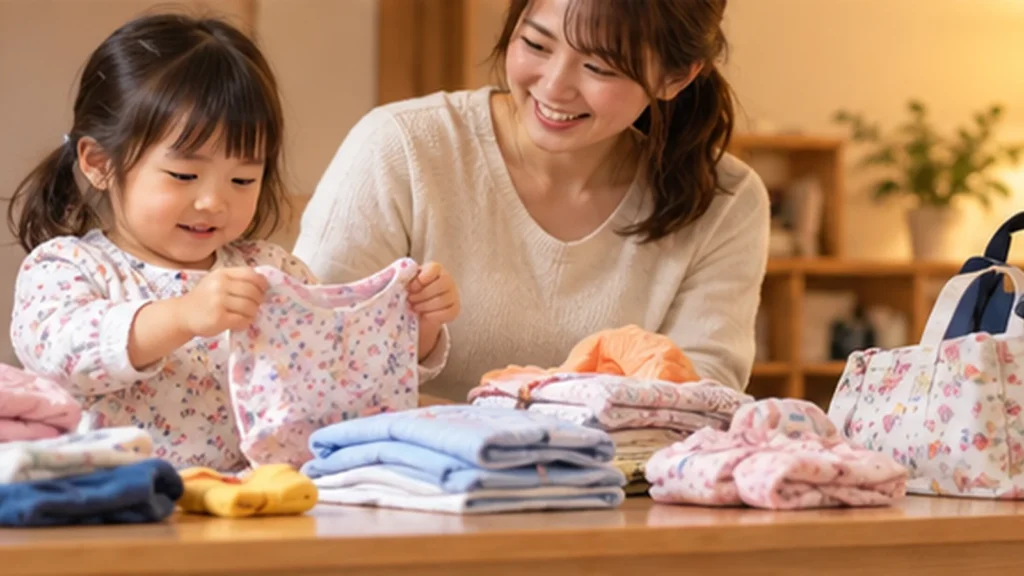 保育園の翌日の持ち物と衣服を準備する親子