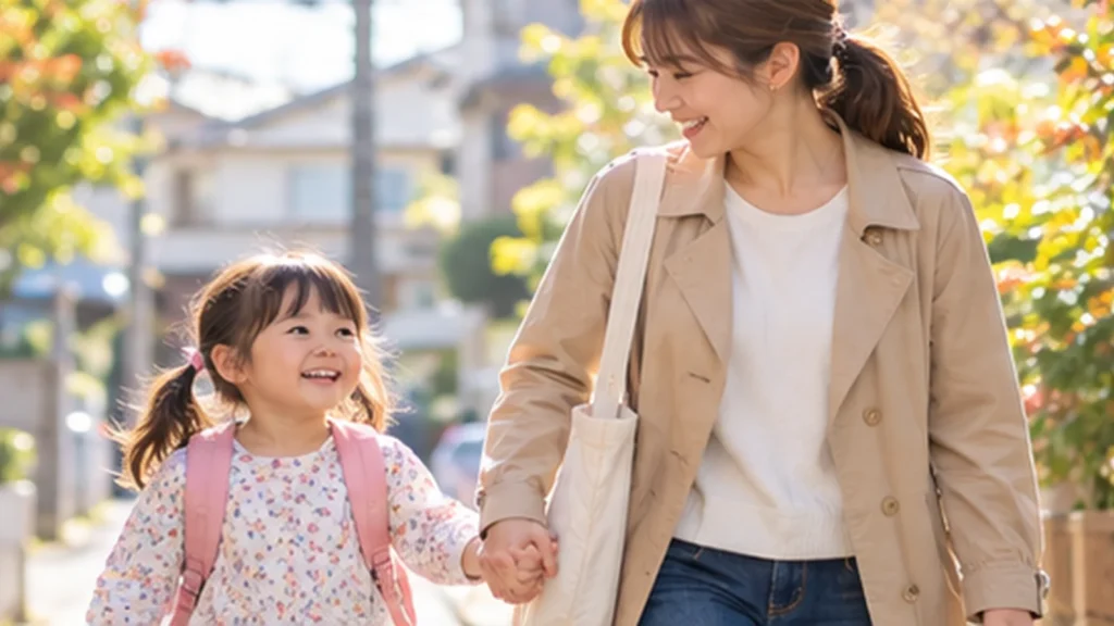 朝の支度を終え、保護者と手をつないで保育園へ向かう幼児