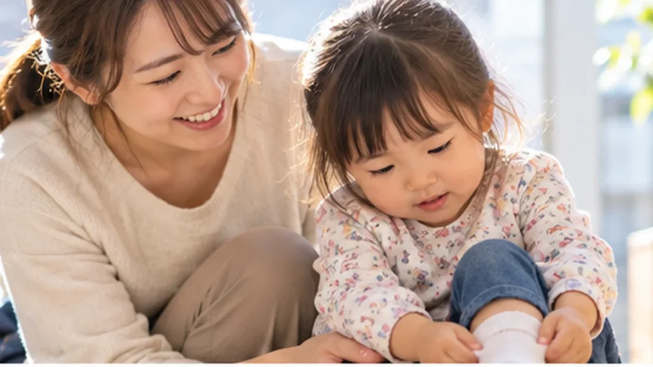 保育園へ行く朝に母親と一緒に身支度をする幼児
