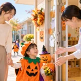 保育園のハロウィン行事について保護者と子どもが話している様子