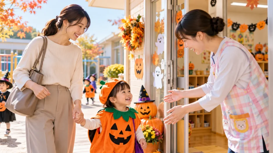 保育園のハロウィン行事について保護者と子どもが話している様子