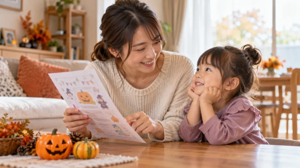 保育園のハロウィン行事について保護者と子どもが話している様子