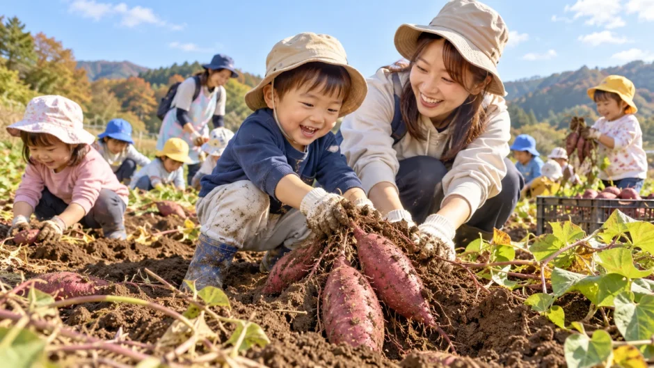 秋の畑で保育園の芋掘りを楽しむ幼児と保護者