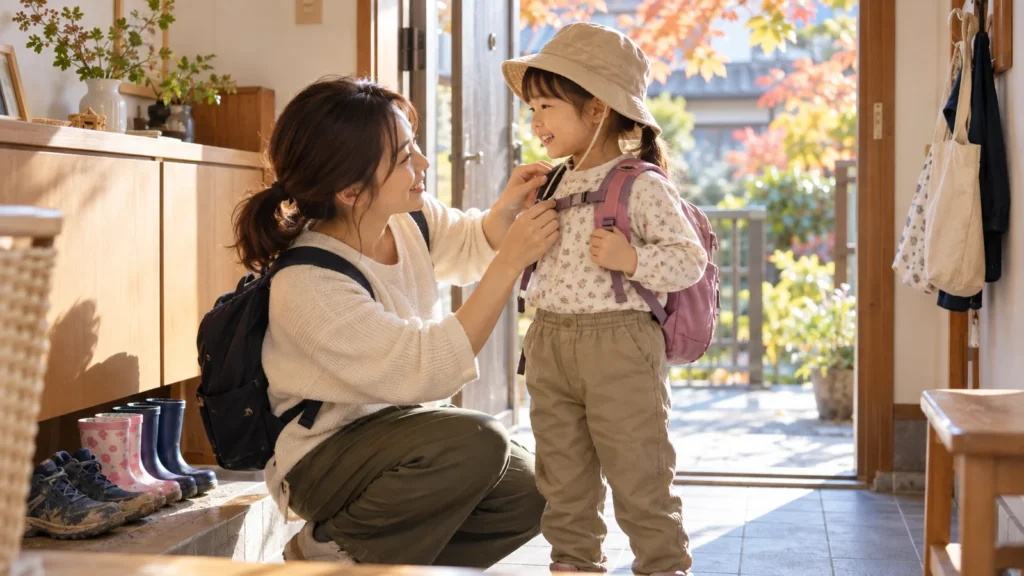 芋掘りに出かける前に動きやすい服装を確認する幼児と保護者