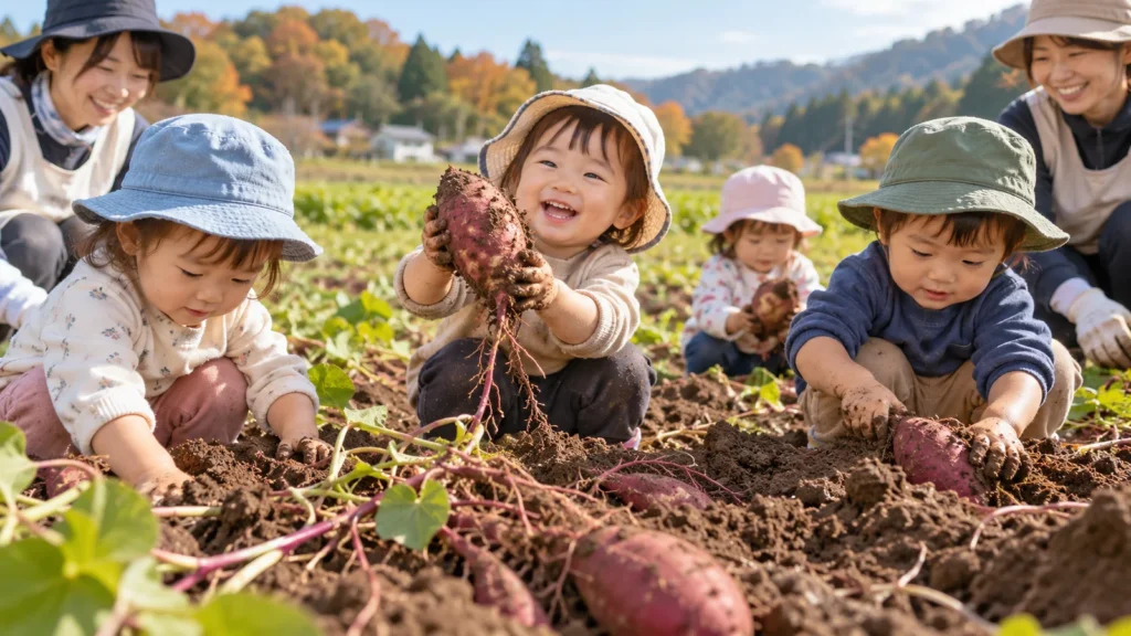 保育園の芋掘りで土を掘る幼児たち