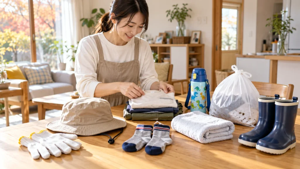 芋掘りに持っていく着替えや軍手などを準備する様子