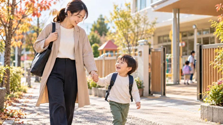秋の朝に長袖を着て保育園へ登園する幼児と保護者