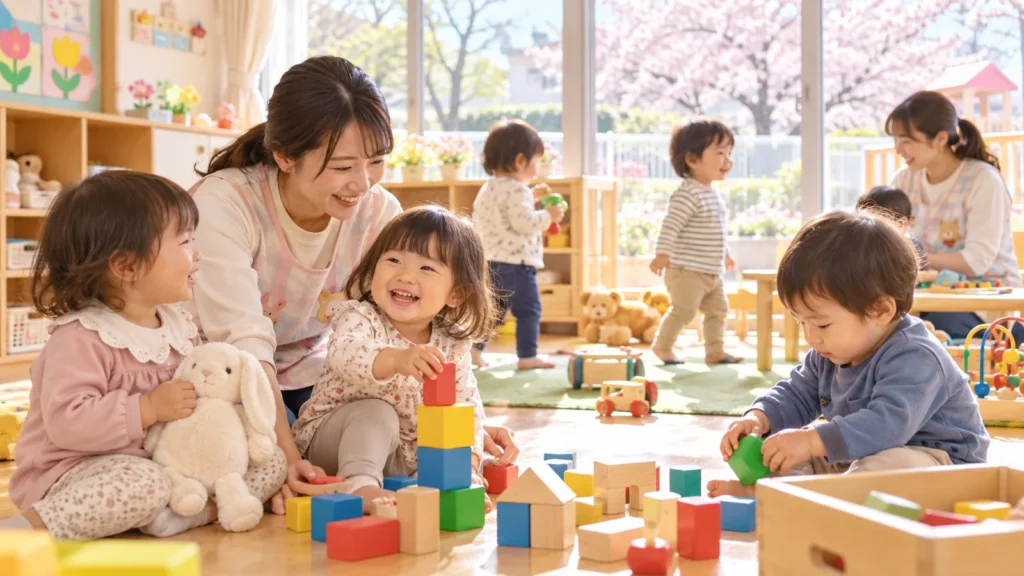 春の保育園で新しい一年を迎える子どもと保育士