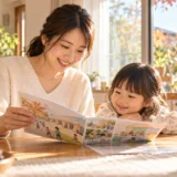 10月の保育園入園について資料を確認する親子