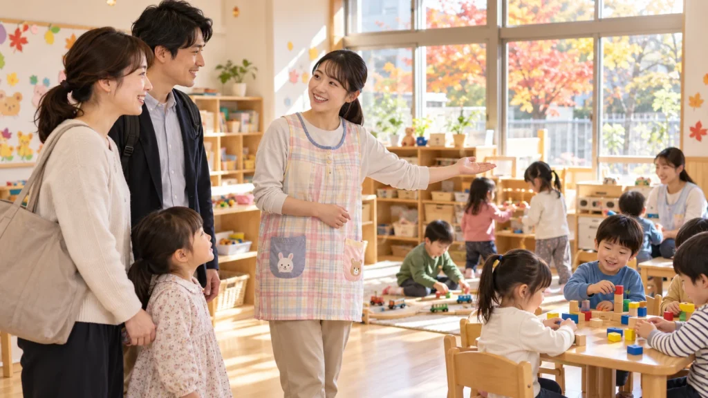 10月入園に向けて保育園を見学する親子