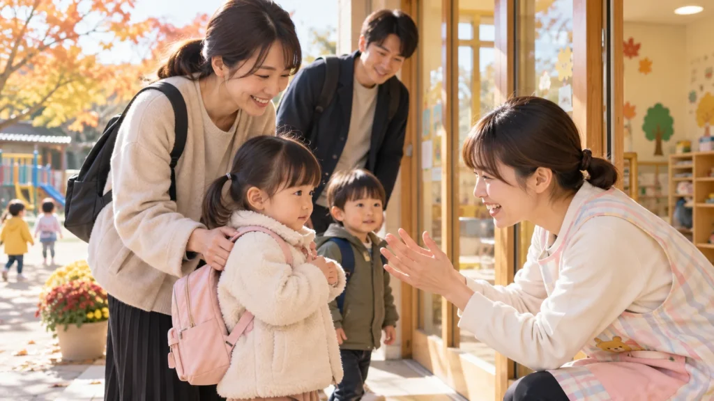 秋に保育園へ途中入園して保育士に迎えられる幼児