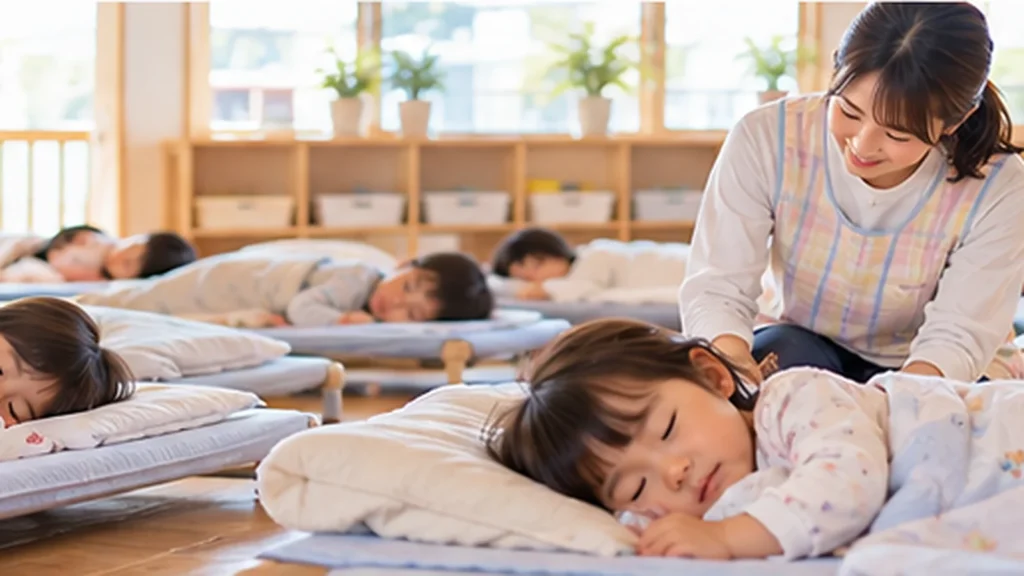 保育園で保育士に見守られながら午睡する幼児たち
