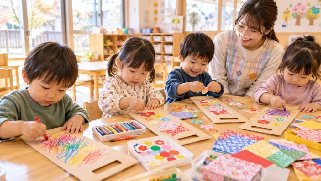 保育園で七五三の千歳飴袋を製作する2歳から3歳の幼児たち