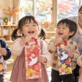 七五三の千歳飴袋を持って笑顔で過ごす保育園児たち