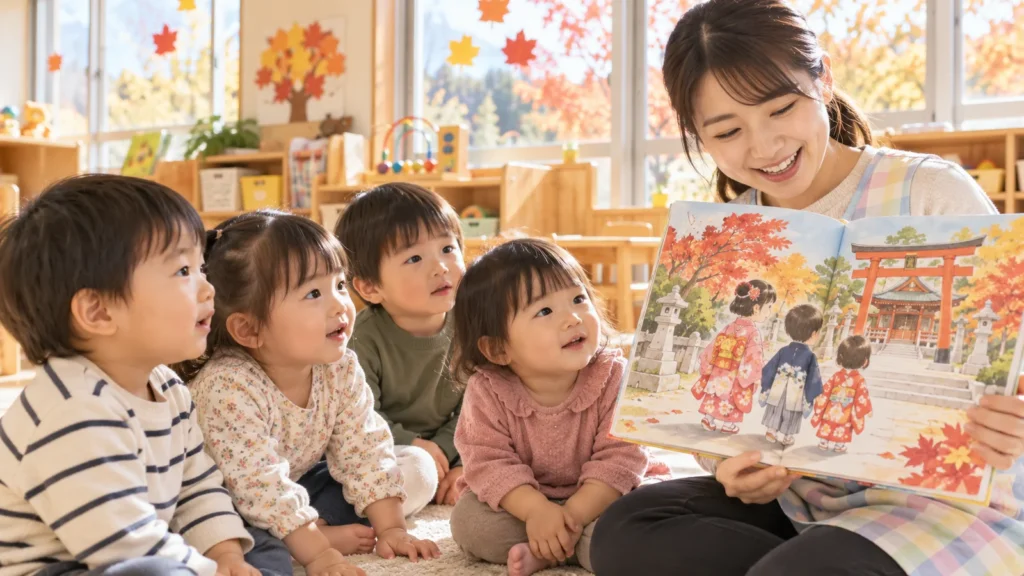 保育士から七五三のお話を聞く日本の保育園児たち