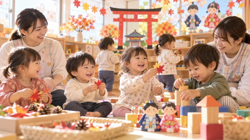 七五三のお祝いを楽しむ保育園の子どもたち