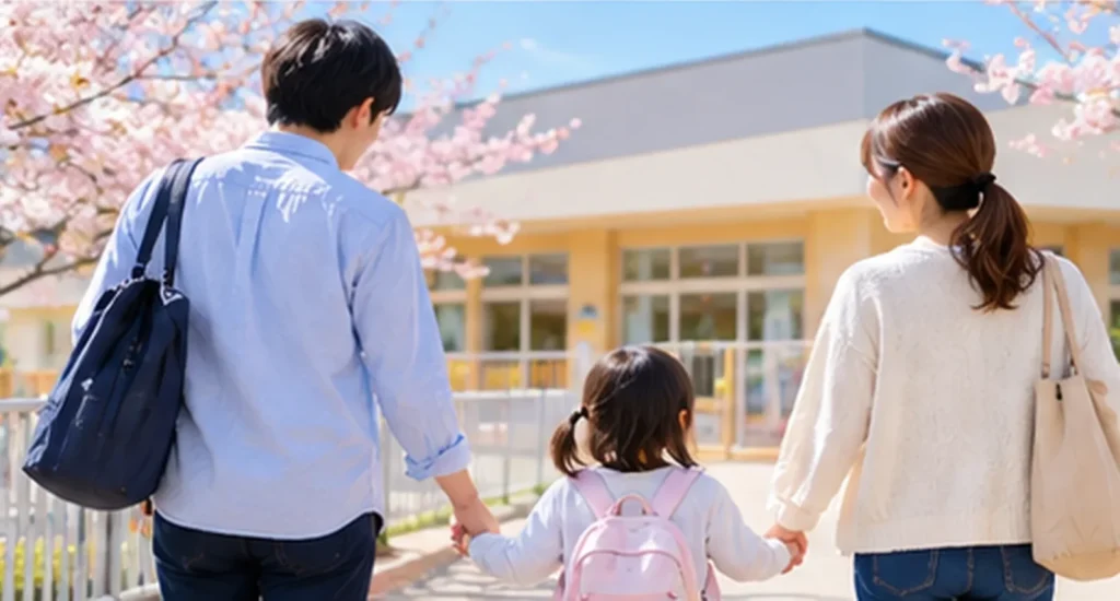 春の保育園を訪れ、子どもの新しい生活を楽しみにする日本人親子