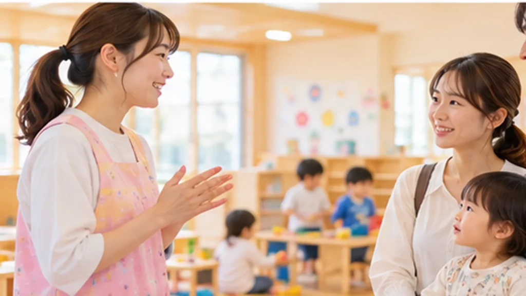 保育園見学で保育士から説明を受ける日本人親子