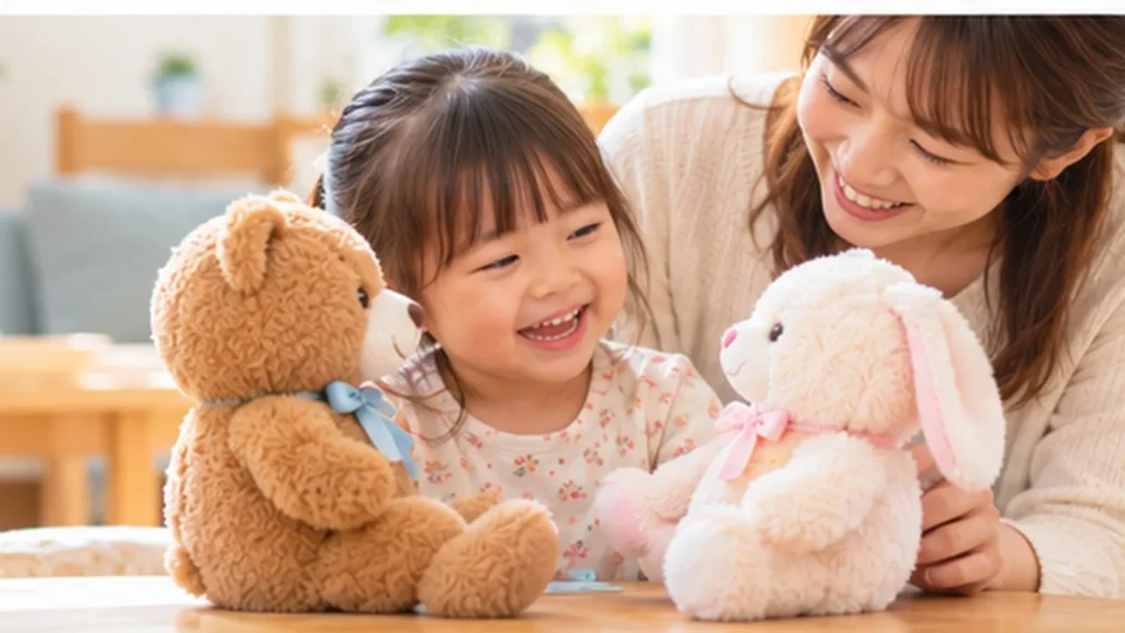 家庭で母親とぬいぐるみを使って挨拶ごっこを楽しむ幼児