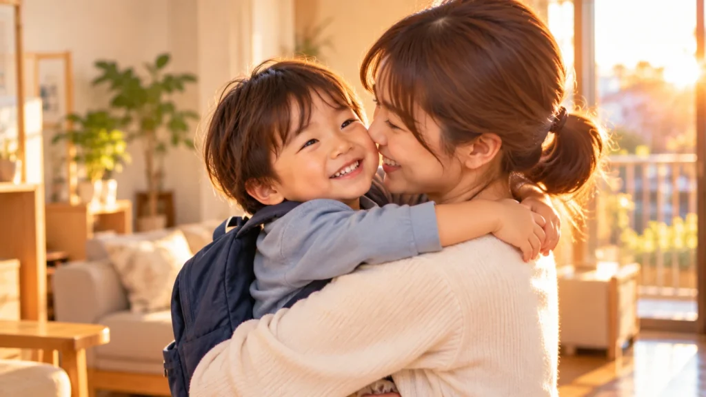保育園から帰宅した子どもが母親に甘えて抱っこされる様子
