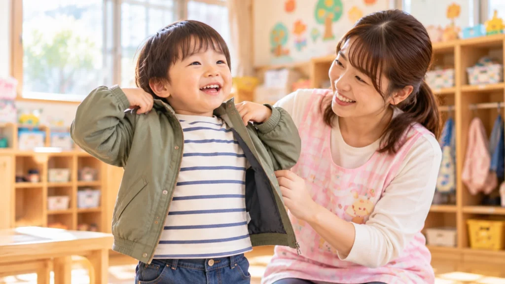 自分で着替えができて笑顔を見せる幼児と保育士