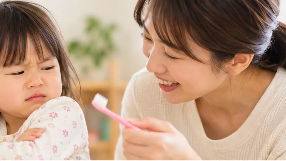 家庭で歯みがきを嫌がる幼児に優しく声をかける母親