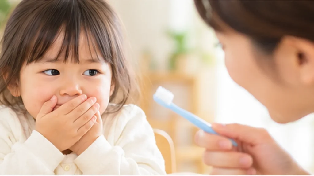 歯ブラシを前に口を閉じる幼児と見守る母親