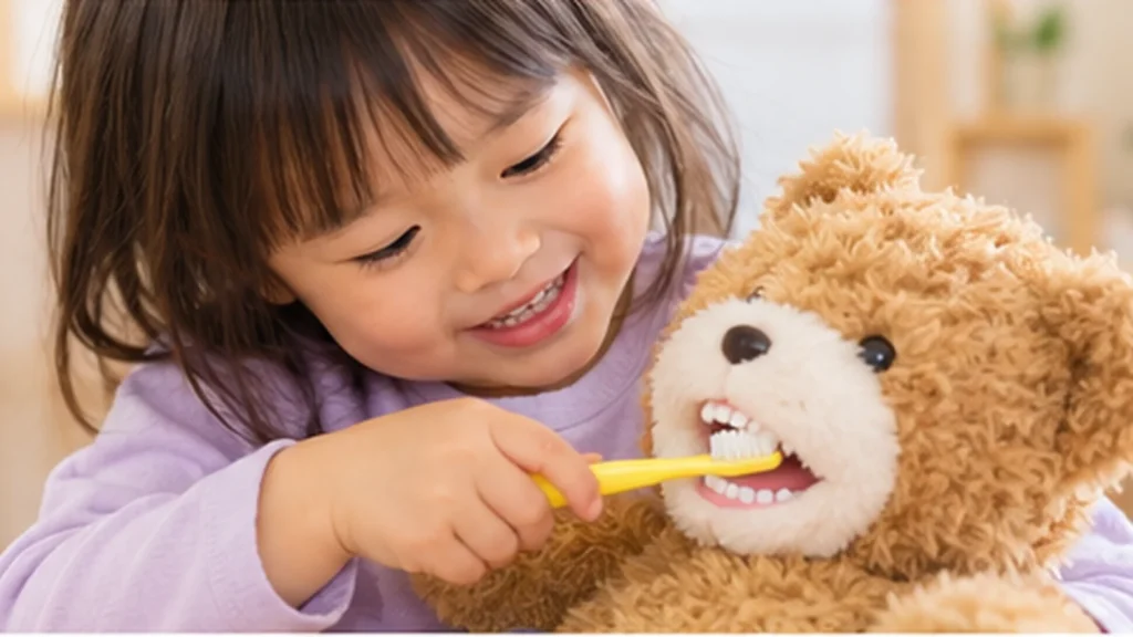 ぬいぐるみの歯を磨くまねをして遊ぶ幼児