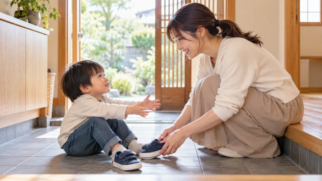 母親に見守られながら自分で靴を履こうとする3歳児