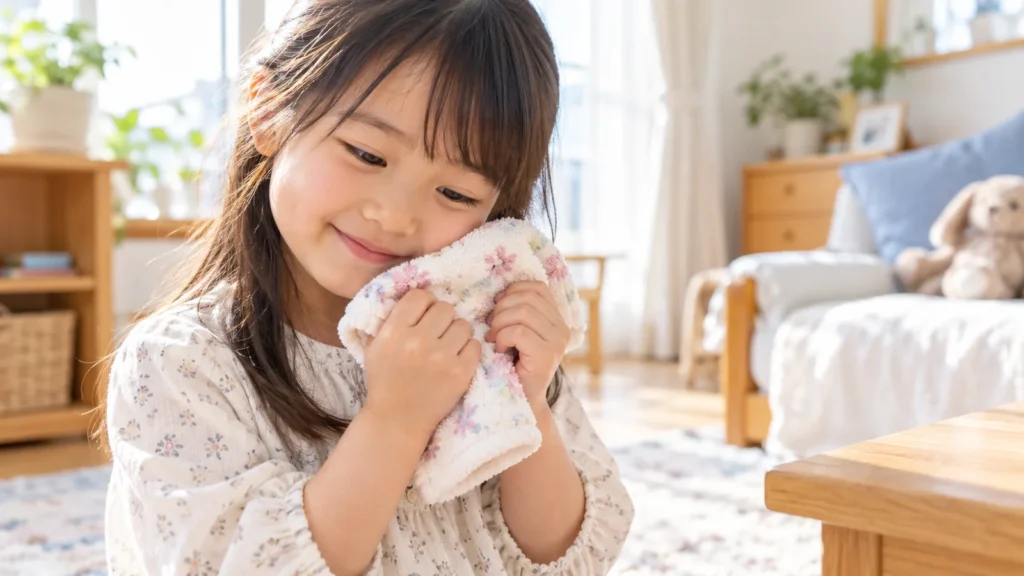 お気に入りのミニタオルを手にして安心している女の子