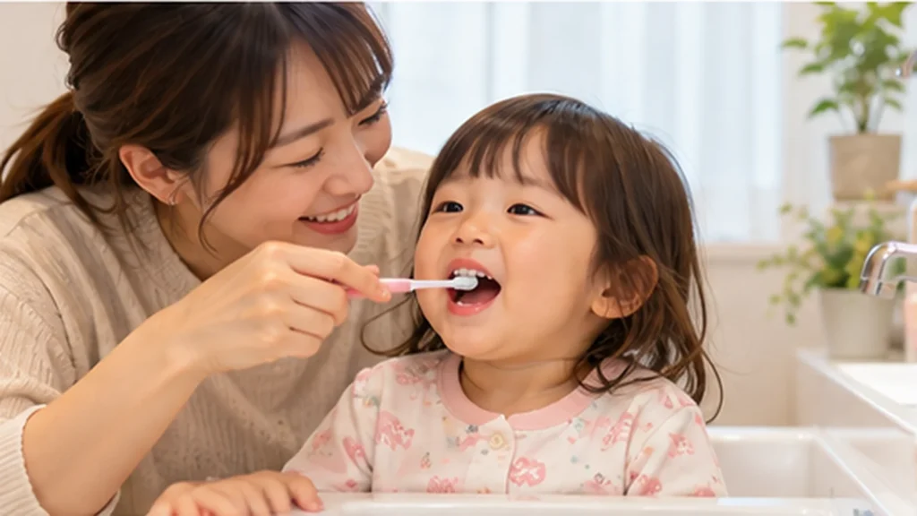 寝る前に保護者と一緒に歯磨きをする2歳児