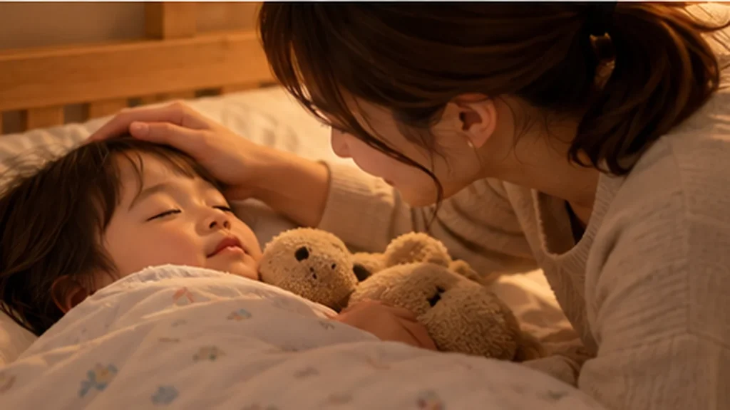 布団に入った幼児に保護者が優しくおやすみを伝える場面