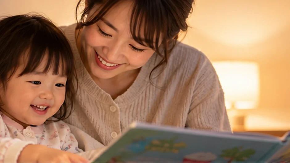 寝る前に絵本を読みながら穏やかに過ごす日本人親子