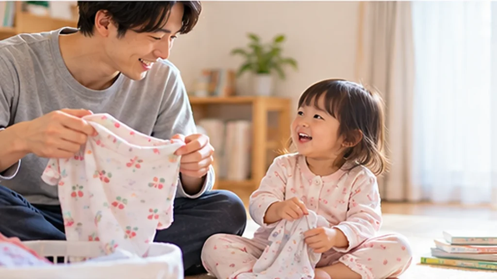 寝る前に保護者とパジャマを準備する幼児