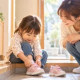 自分で靴を履ける幼児が母親に手伝ってもらっている様子