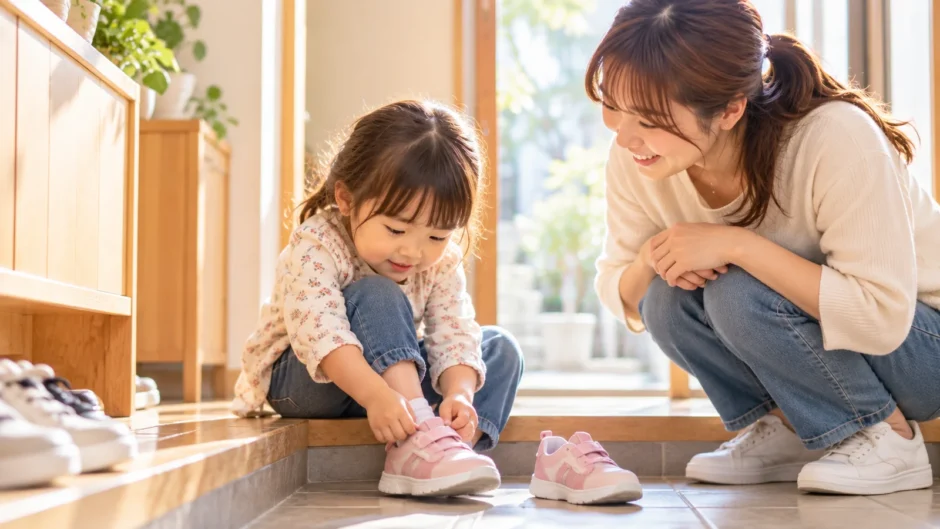 自分で靴を履ける幼児が母親に手伝ってもらっている様子