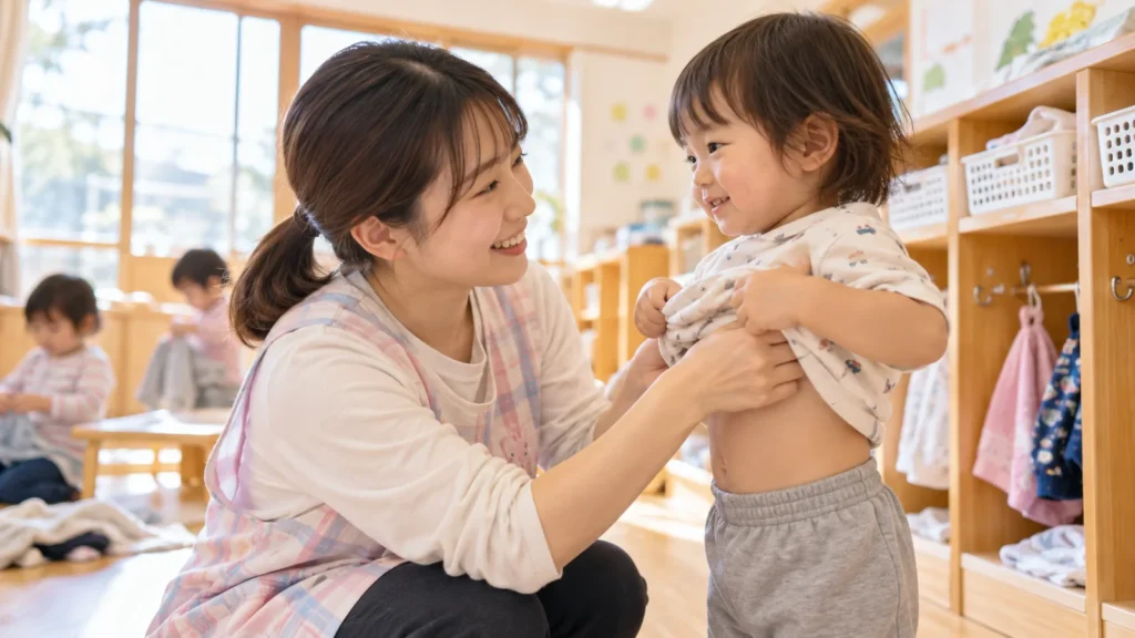 保育園で保育士に着替えを手伝ってもらう幼児