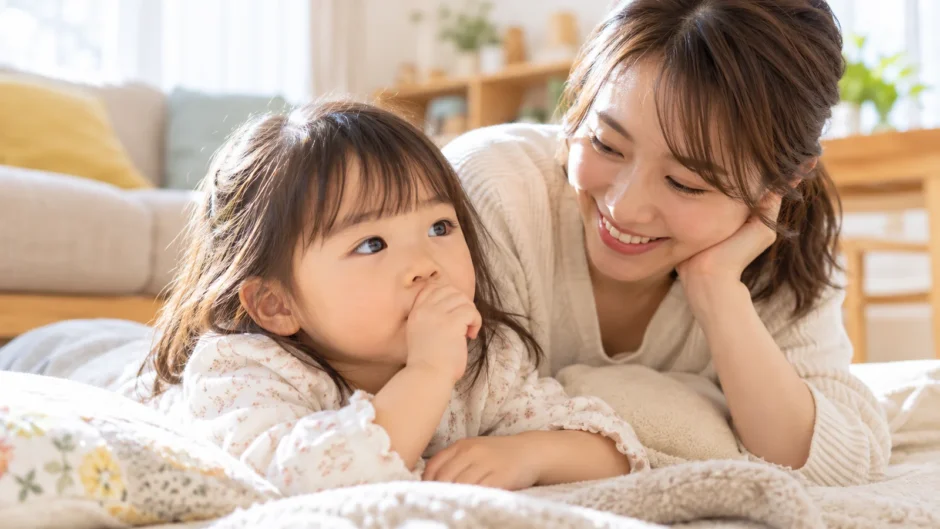 指しゃぶりをする幼児を優しく見守る母親