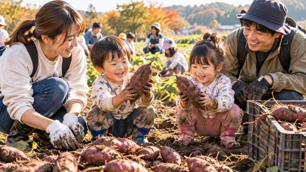 芋掘りを終えて収穫したさつまいもを持つ親子