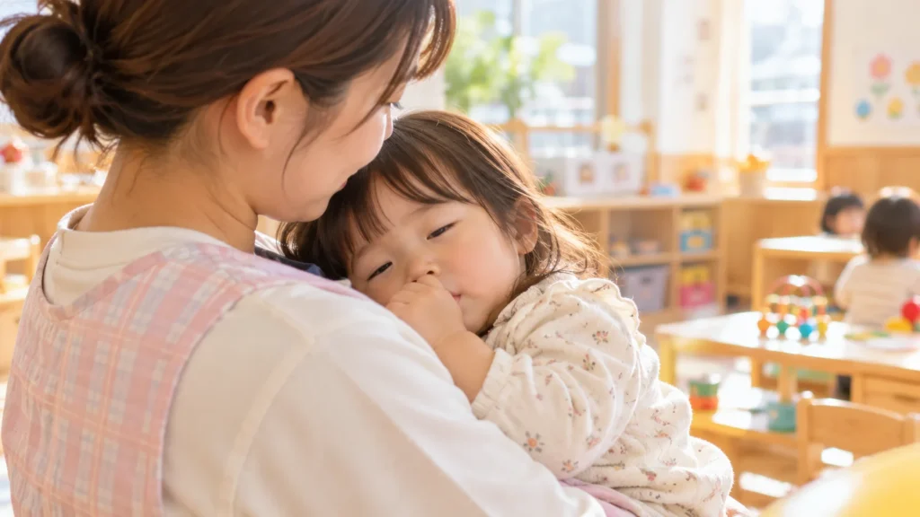 安心した様子で指しゃぶりをする幼児