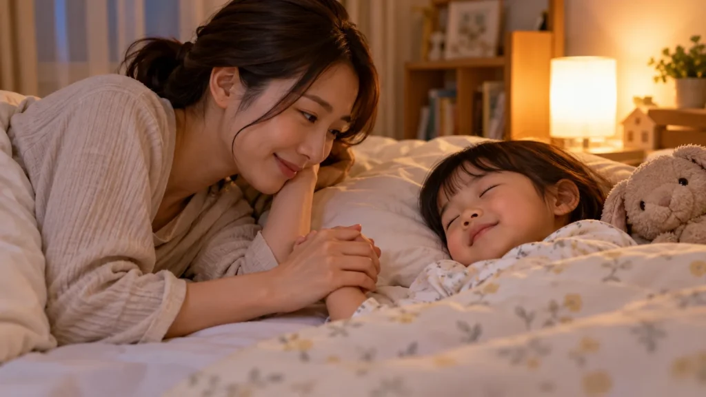 眠る前に母親と手をつないで安心する幼児