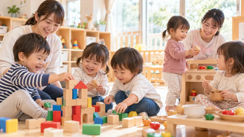 保育室で友だちと積み木遊びを楽しむ子どもたち
